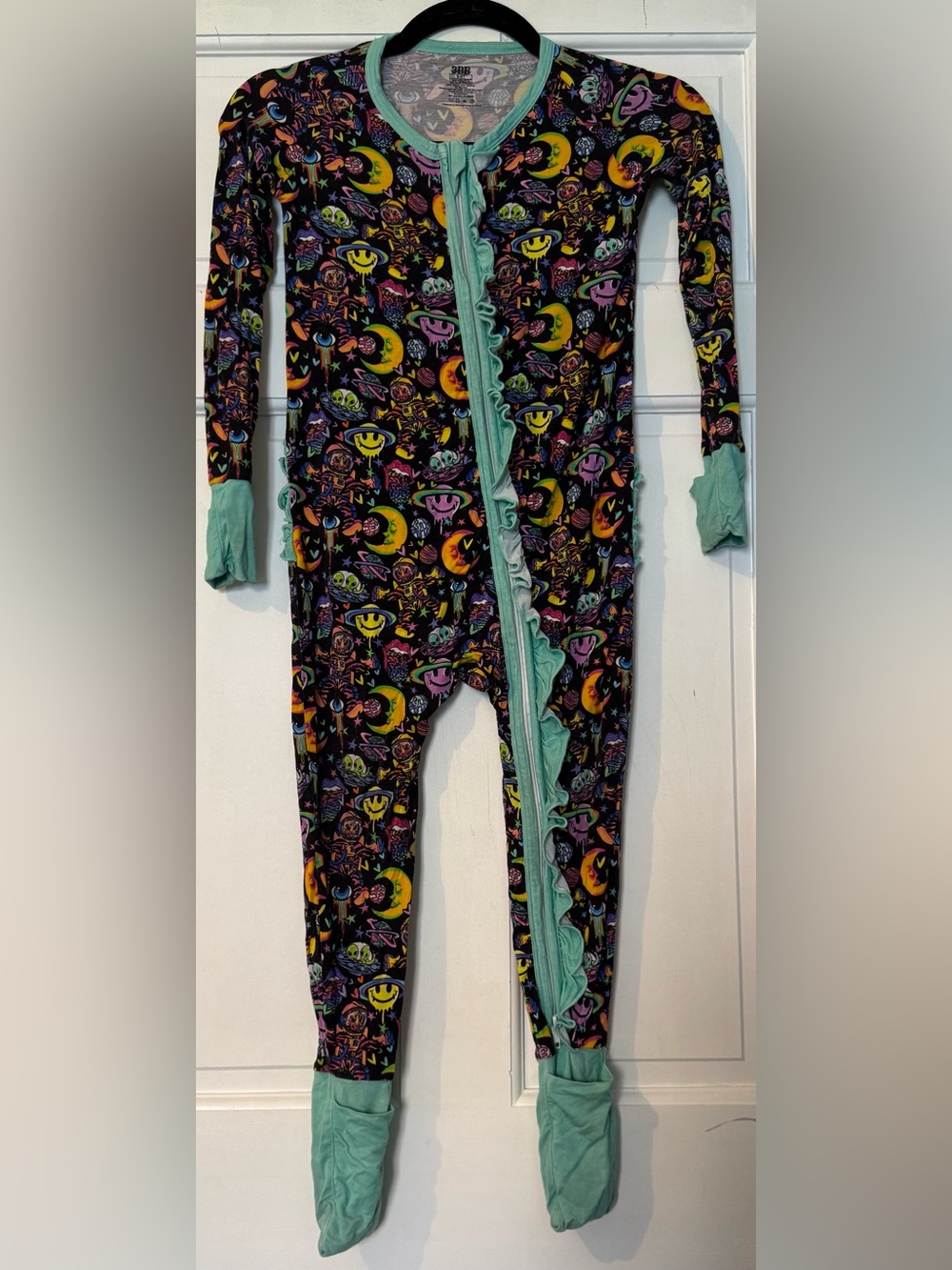 3BB Black Space Print Ruffle One-Piece Pajamas